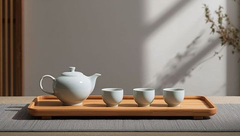 Celadon Teapot and Cups on Bamboo Tray Basking in Soft Sunlight and Minimalist Shadows