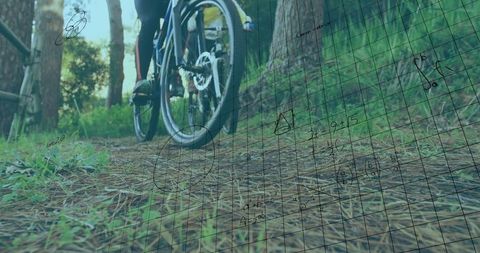 Cyclist Exploring Forest Trail with Mathematical Overlay
