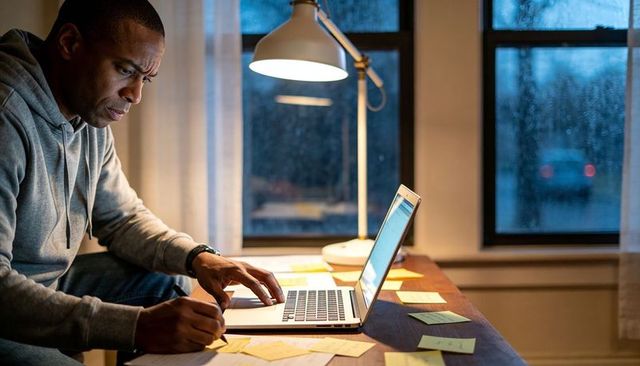 Nighttime remote work focused man writing notes while using laptop in rainy home office