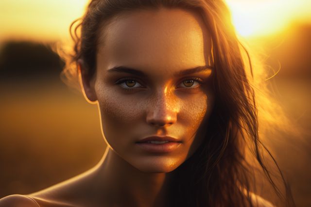 Close-up portrait of a woman with freckles, illuminated by the golden light of the setting sun, standing in an open field. The warm tones and natural light highlight her glowing skin and serene expression. This image is ideal for beauty, nature, and fashion portfolios, as well as wellness and lifestyle content focusing on natural beauty and tranquility.