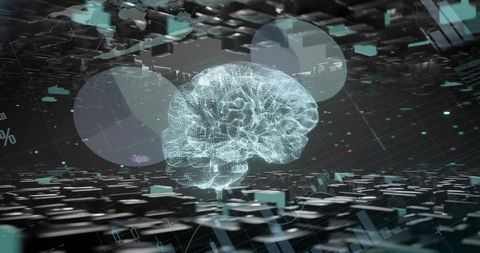 Holographic Wireframe Brain Floating Above Virtual Data Grid with Futuristic Neural Network