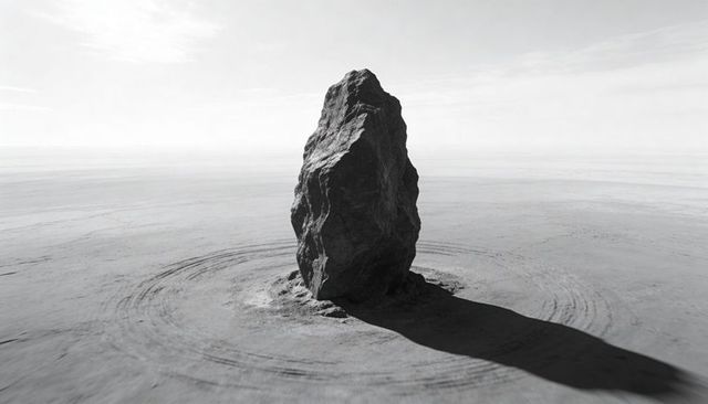 Solitary jagged monolith standing on silty playa casting shadow with concentric circles