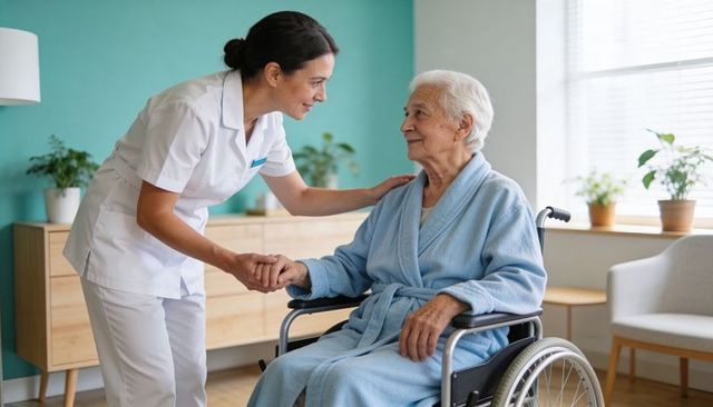 Nurse caring for elderly woman in wheelchair during compassionate home care visit