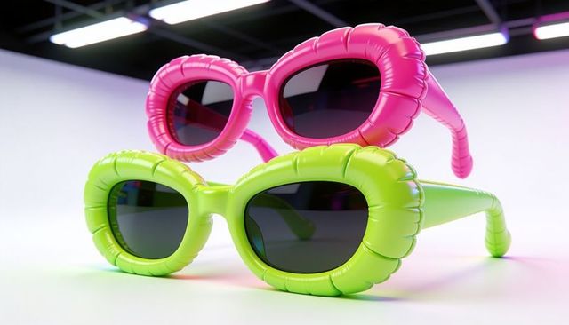 Neon inflatable sunglasses pink and lime with dark lenses on glossy led studio surface