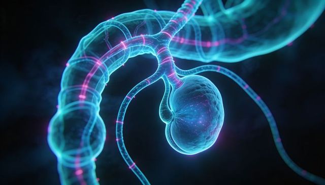 Glowing synaptic terminal with ringed axon and vesicle activity in neon neural network