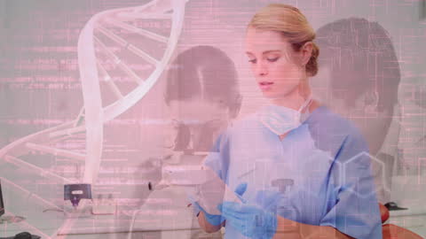 Female Dentist Analyzing Data with Scientific Graphics Overlay