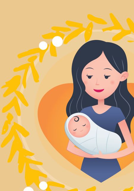 Illustration depicts a mother lovingly holding her newborn baby. The illustration is touching and heartwarming, suitable for use in materials celebrating Mother's Day, parenting classes, maternity announcements, or family-related greetings. The combination of soft colors and nurturing imagery evokes feelings of compassion and familial bond.