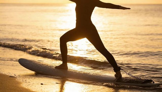 Surfer balancing on surfboard at sunrise silhouette with ankle leash and golden reflection