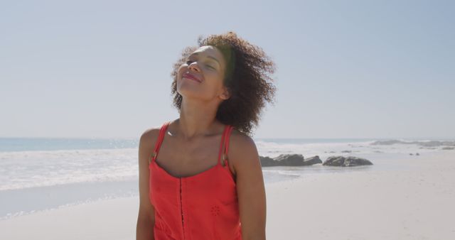 Happy Woman Enjoying Sun at Beach in Summer - Download Free Stock Images Pikwizard.com