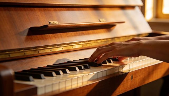 Bare Forearms Playing Upright Piano Keys in Warm Sunlight