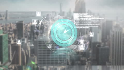 Futuristic Data Network Over Cityscape with Digital Clock