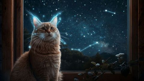 Gazing ginger cat with glowing whiskers on windowsill under starry constellations, magical night