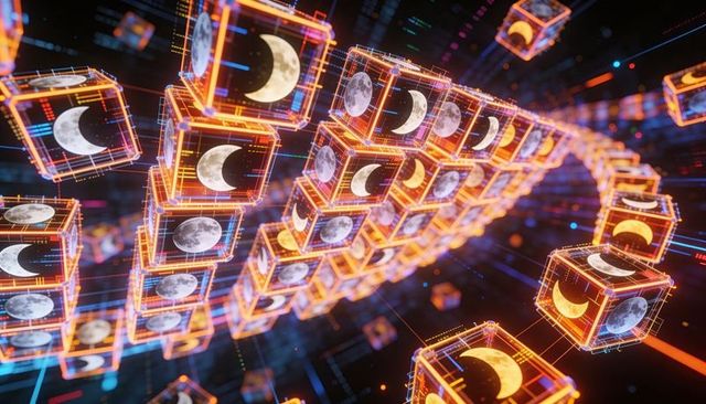 Neon cube chain spiraling through data network with moon discs and holographic links