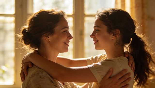 Mother and teen daughter embracing by sunlit window, smiling and sharing warm light
