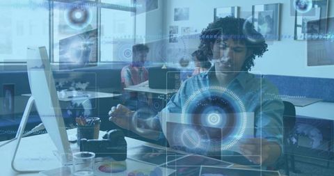 Innovative Professional Engaging with Futuristic Digital Interfaces