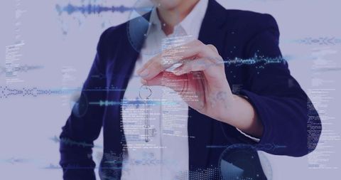 Businesswoman holding digital key with holographic hud code and waveform for cybersecurity