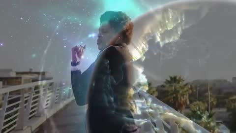 Man Interacting with Holographic Global Interface on Rooftop