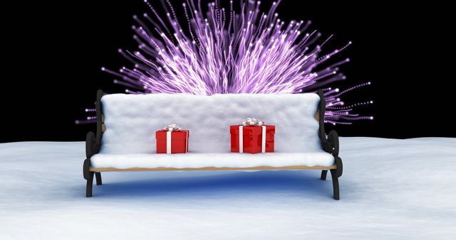 Christmas Gifts on Snow-covered Bench with Fireworks Display - Download Free Stock Images Pikwizard.com