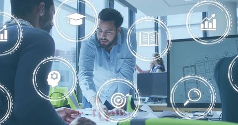 Architectural team collaborating with innovative digital interface