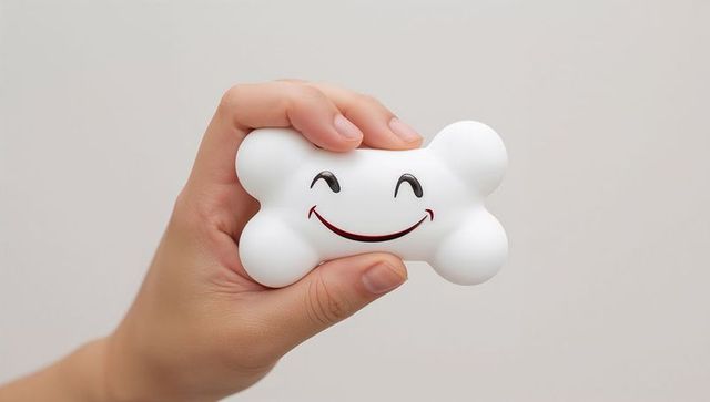 Hand Holding Smiling Bone-Shaped Squishy Stress Toy on Neutral Background