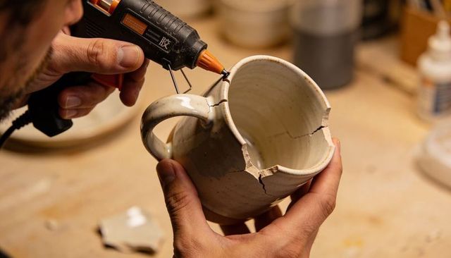 Repairing cracked ceramic mug with hot glue gun on wooden workbench