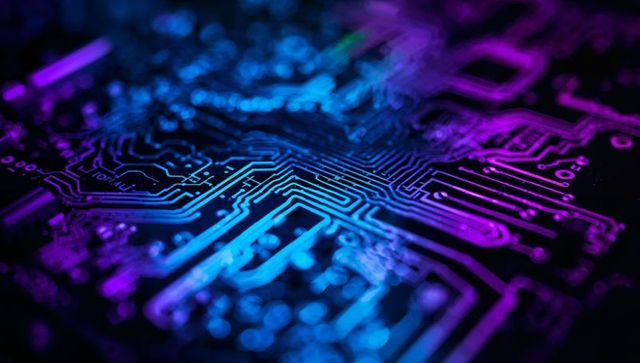 Neon-lit circuit board macro showing copper traces, solder pads and vias for tech design