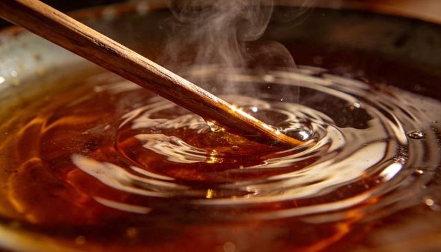 Honey swirl with wooden stirrer creating ripples and steam, macro amber viscous close-up