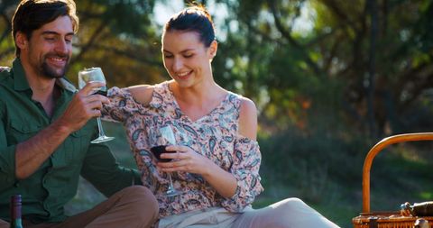 Couple Enjoying Picnic Outdoors with Wine and Scenic View - Download Free Stock Images Pikwizard.com
