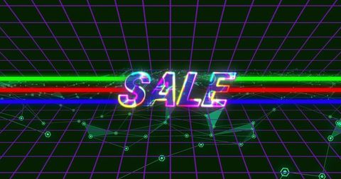 Glowing neon sale hovering over retro-futuristic wireframe grid with rgb light stripes