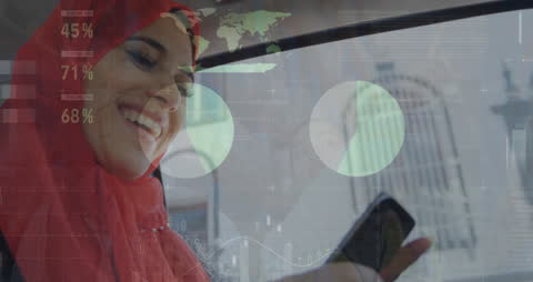 Smiling Muslim Businesswoman Analyzing Data on Smartphone