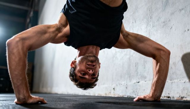 Performing inverted handstand pushup building upper-body strength and shoulder stability