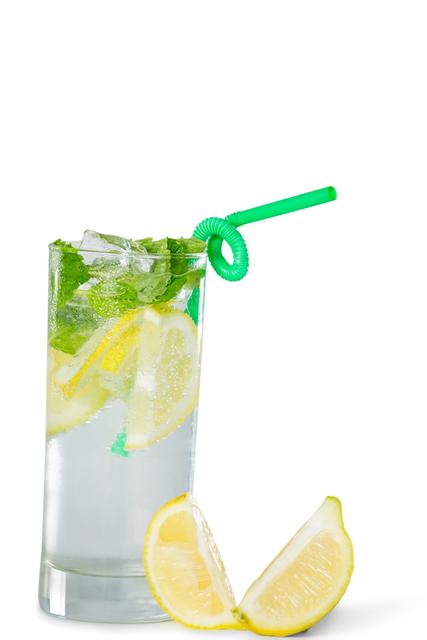 Refreshing mojito cocktail with lime and mint in a glass with ice and a green straw. Ideal for use in summer drink menus, bar promotions, cocktail recipes, and party invitations.