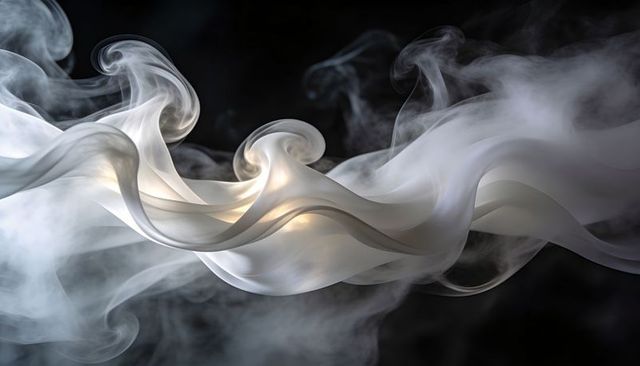 Translucent Smoke Ribbons Curling with Warm Gold Highlights on Dark Background, Fluid Motion