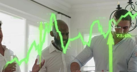 Group pouring drinks at home with green stock market overlay conveying growth, celebration