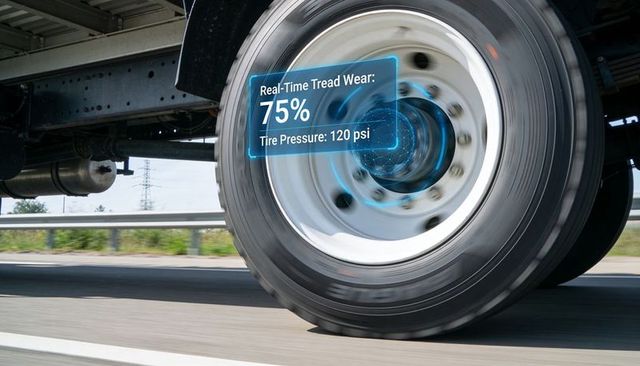 Holographic truck wheel telemetry showing real-time tire tread wear and pressure data