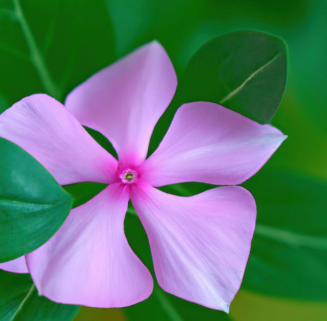 This vibrant close-up captures a pink vinca flower blooming amidst lush green leaves, showcasing nature's beauty. Perfect for use in floral design concepts, gardening blogs, botanical studies, or decorative prints.