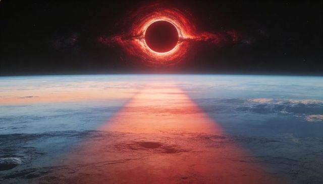 Ringed Black Hole Emitting Red Beam Over Planet Limb with Luminous Accretion Disk