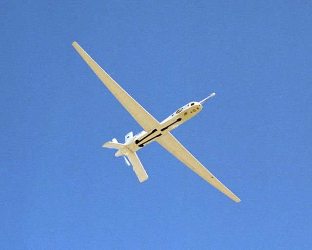 Altus II aircraft flying at high altitude, used by NASA to study thunderstorms over the Atlantic Ocean. Ideal for scientific articles, aerospace research publications, and educational purposes concerning weather patterns, unmanned aerial vehicle technology, and collaborative weather studies by NASA and associated research centers.