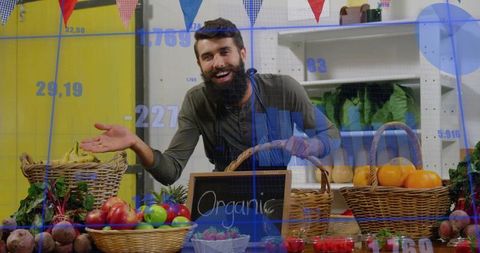 Cheerful vendor showcasing organic fruits at market