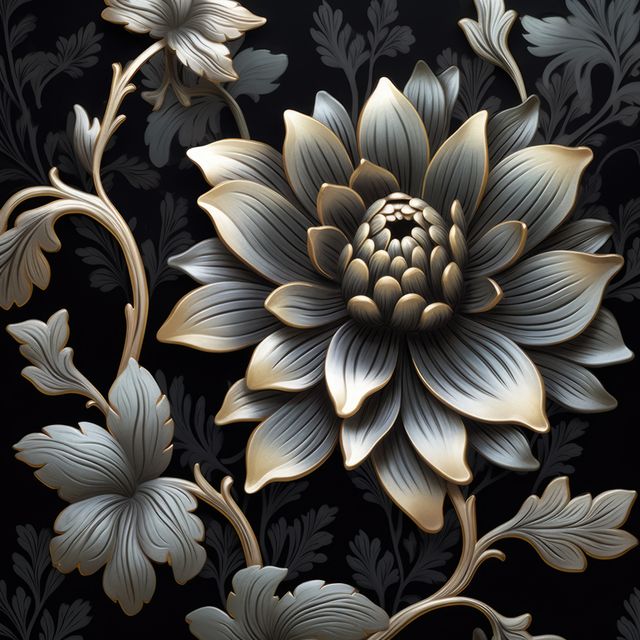Elegant metallic floral pattern featuring intricate golden leaves and a blooming flower against a dark background. Ideal for luxury decor, art projects, graphic design, and high-end wallpapers.