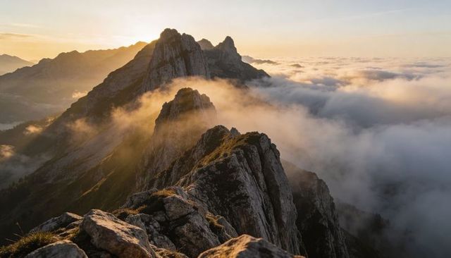 Basking jagged alpine ridge at sunrise with golden mist over craggy peaks and boulders