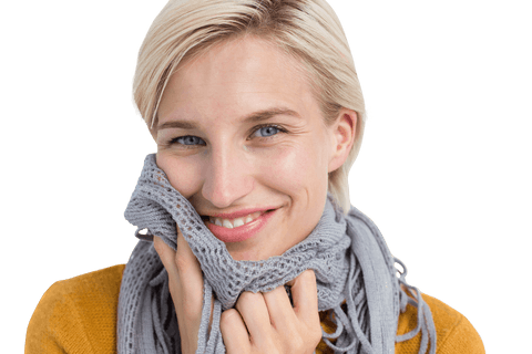 Smiling Woman with Blonde Hair in Warm Gray Scarf Transparent Background - Download Free Stock Videos Pikwizard.com