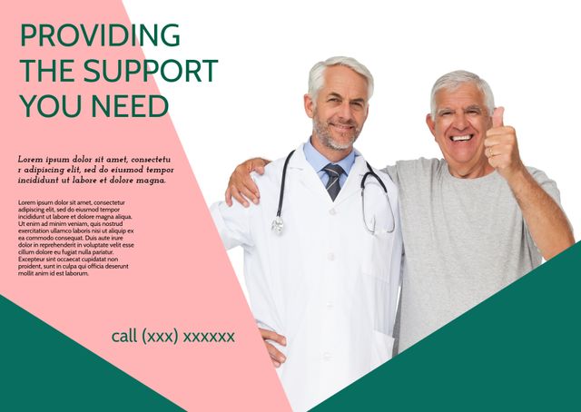 Promoting healthcare services, a smiling doctor with a satisfied patient conveys trust and care. Ideal for medical insurance ads, the template can also suit wellness program promotions.