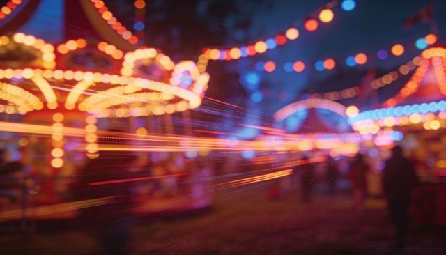 Streaming light trails at night carnival with glowing carousel and neon bokeh