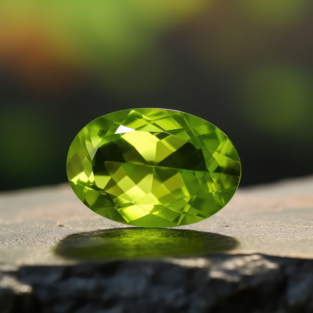 Close up of green and shiny gemstone on black rock created using generative ai technology. Nature, minerals and colours concept digitally generated image.