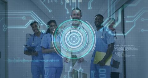 Futuristic Medical Team Leading Physician with HUD Overlay in Hospital Corridor