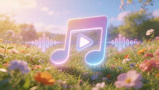 Neon music note floating over flower meadow at golden hour with soundwave glow and pastel bokeh