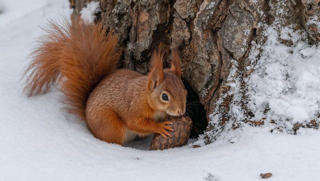 Red squirrel holding pinecone at snowy tree hollow, closeup wildlife portrait in winter