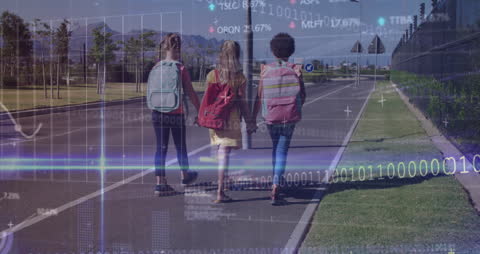 Children Walking with Data Overlay on Busy Road