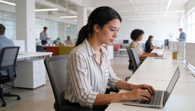 Focused professional typing at open-plan office desk with laptop and natural light